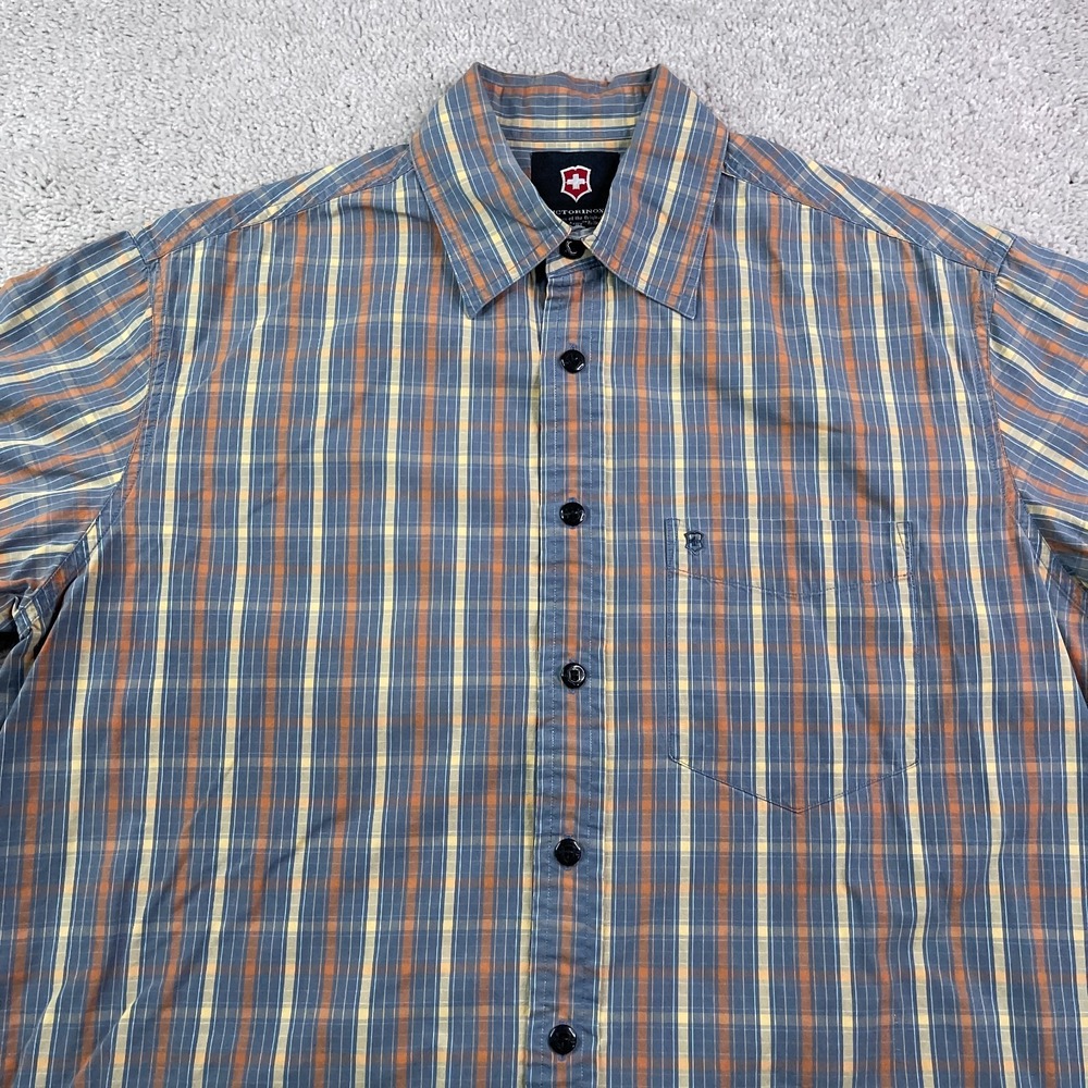 Victorinox Shirt Mens Medium Grey Checkered Cotton Short Sleeve Swiss Army